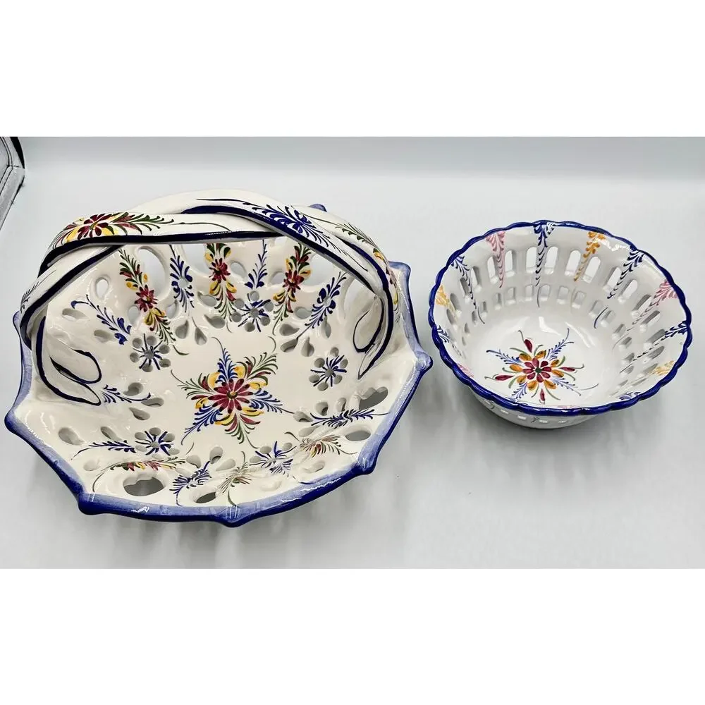 RCCL Ceramic Hand Painted Floral Fruit Basket Braided Handle & Bowl Set Portugal